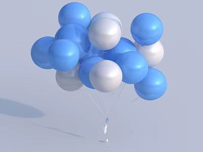 Blue and White Inflatable Balloons Bunch With White String Against Light Colored Background 3d model