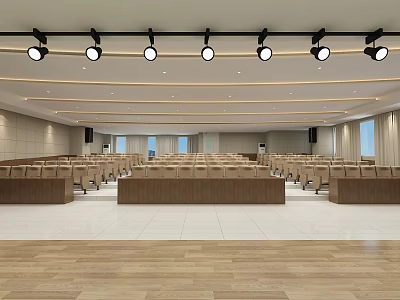Spacious Conference Hall With Neatly Arranged Seats Wooden Flooring And Ceiling Spotlights 3d model