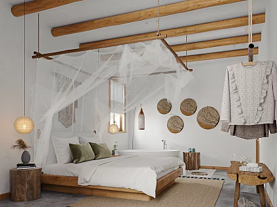 Minimalist Hotel Guest Room With Wooden Beams White Netting And Circular Woven Decor 3d model