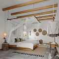 Minimalist Hotel Guest Room With Wooden Beams White Netting And Circular Woven Decor