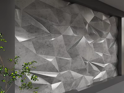 Gray Geometric 3D Textured Wall Design With Irregular Polygon Cuts And Green Plants 3d model