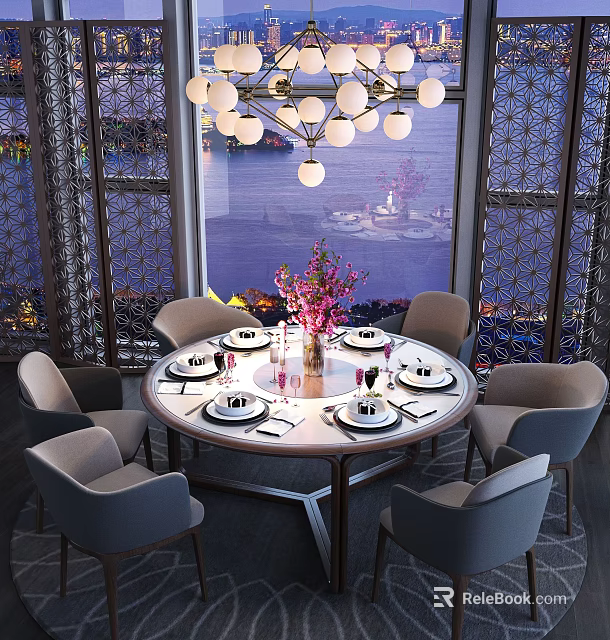 Elegant Round Dining Table Set with Six Chairs Tableware Floral Centerpiece Chandelier and Large Windows 3d model 