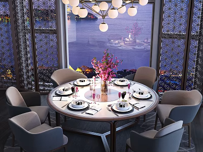 Elegant Round Dining Table Set with Six Chairs Tableware Floral Centerpiece Chandelier and Large Windows 3d model