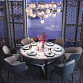 Elegant Round Dining Table Set with Six Chairs Tableware Floral Centerpiece Chandelier and Large Windows