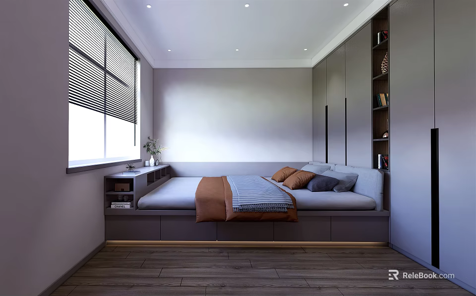 Modern Tatami Bedroom with Tatami Bed Window Blinds Cabinet Bookshelf Wooden Floor and Soft Lighting 3d model 