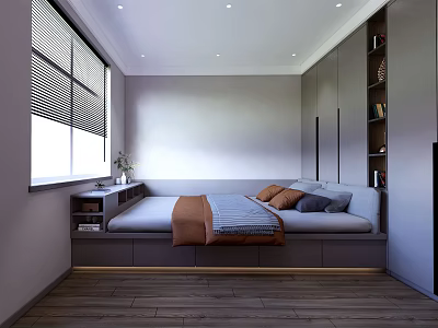 Modern Tatami Bedroom with Tatami Bed Window Blinds Cabinet Bookshelf Wooden Floor and Soft Lighting 3d model
