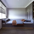Modern Tatami Bedroom with Tatami Bed Window Blinds Cabinet Bookshelf Wooden Floor and Soft Lighting