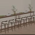 Warm Interior Featuring Long Wooden Bar Counter Green Plants Glassware And Bar Stools