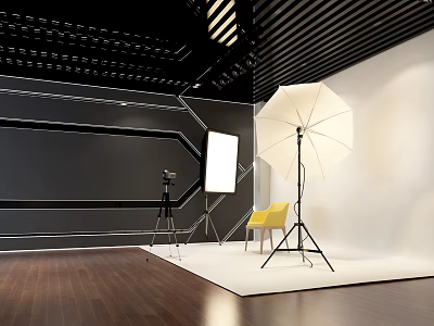 Professional Photography Studio Interior With Camera Tripod Umbrella Light Reflector And Yellow Chair 3d model