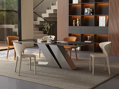Modern Restaurant with Glass Top Dining Table Beige Orange Chairs Staircase Bookshelf Green Plant Decor 3d model