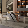 Modern Restaurant with Glass Top Dining Table Beige Orange Chairs Staircase Bookshelf Green Plant Decor