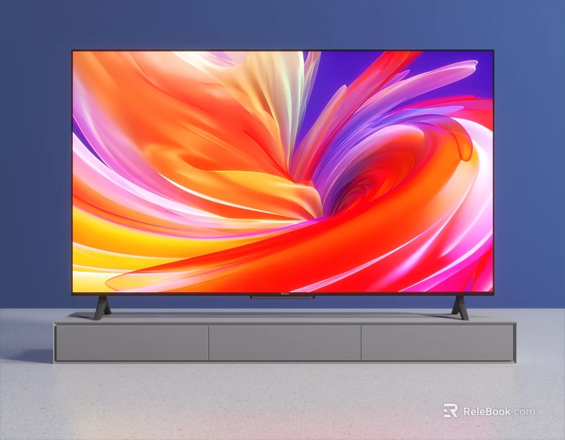 Modern TV With Vibrant Colorful Abstract Pattern Display On Grey Stand Against Blue Wall 3d model 