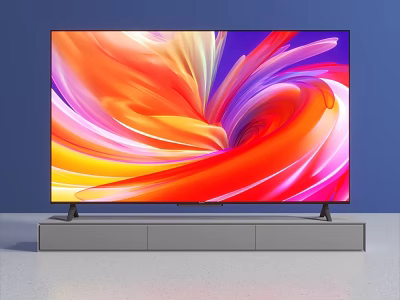 Modern TV With Vibrant Colorful Abstract Pattern Display On Grey Stand Against Blue Wall 3d model