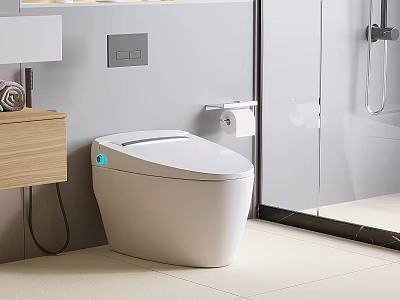 Modern Smart Toilet In Contemporary Bathroom With Wooden Cabinet And Glass Shower 3d model