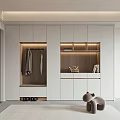 Modern White Shoe Cabinet with Clothing Hanging Area Integrated Lighting Open Compartments and Minimalist Design
