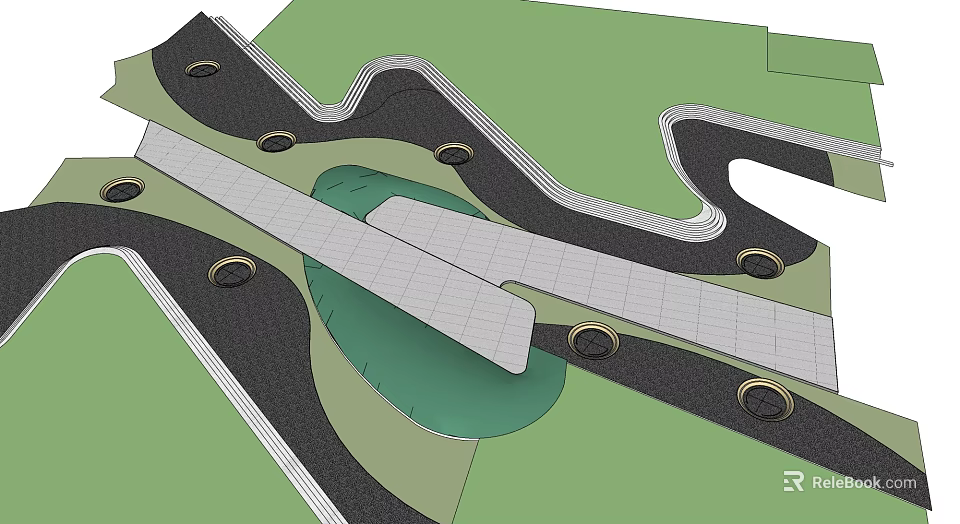 Efficient Municipal Road Layout With Curved Lanes Green Areas And Circular Facilities 3d model 