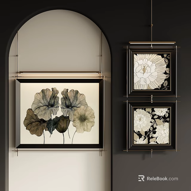Elegant Abstract Floral Paintings With Neutral Tones Metallic Frames Hanging on Dark Wall 3d model 