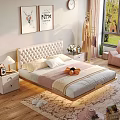 Modern Double Bed With Tufted Headboard Nightstand Decorative Art And Green Plants