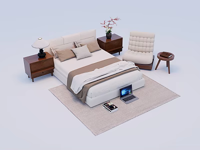 White Double Bed With Wooden Nightstands Lamp Flower Vase Beige Chair Rug And Laptop Book 3d model