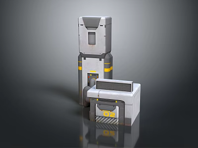 Modern Parking Lot Equipment Gray Tower Structure And Square Unit With Yellow Stripes 3d model