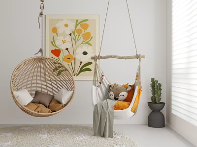 Cozy Hanging Chairs Wicker And White Design With Cushions Floral Painting Window Blinds Cactus Plant 3d model