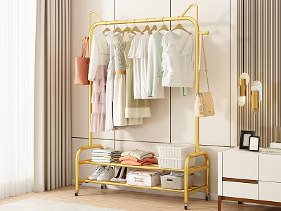 Golden Clothes Rack With Hanging Clothes And Bags Shelf With Folded Clothes Boxes And Shoes 3d model
