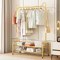 Golden Clothes Rack With Hanging Clothes And Bags Shelf With Folded Clothes Boxes And Shoes