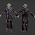 3D Elderly Man Character Front And Back View Wearing Striped Blazer Purple Sweater Dark Pants