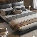 Modern Bedroom Interior with Dark Headboard Beige Bedding Accent Chair Floor Lamp and Wooden Floor
