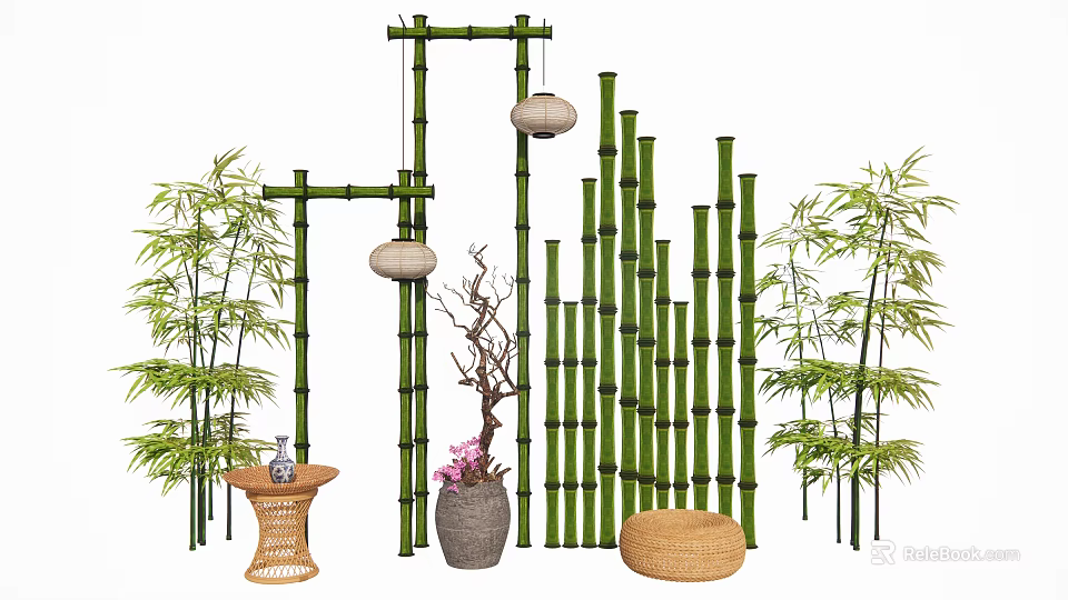 Bamboo Garden Decor With Hanging Lanterns Screens Potted Plants Small Table And Woven Cushion 3d model 
