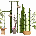 Bamboo Garden Decor With Hanging Lanterns Screens Potted Plants Small Table And Woven Cushion