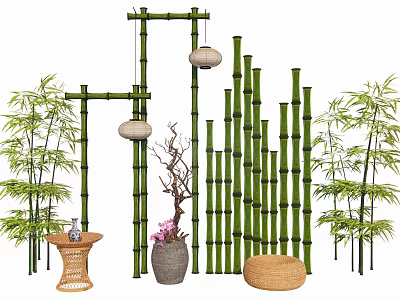 Bamboo Garden Decor With Hanging Lanterns Screens Potted Plants Small Table And Woven Cushion 3d model