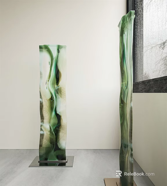 Green And White Columnar Sculptures With Flowing Patterns In Modern Indoor Space 3d model