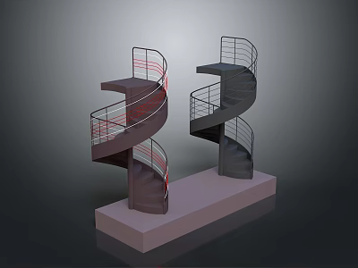 Dark Colored Spiral Stairs 3D Model On Light Platform Base With Railings 3d model