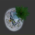 Natural Winter Scene With Snowy Ground Blue Rock Pine Tree And Small Plants