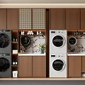 Modern Laundry Room With Two Black And White Washing Machines Wooden Cabinets And Marble Countertop
