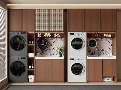Modern Laundry Room With Two Black And White Washing Machines Wooden Cabinets And Marble Countertop 3d model