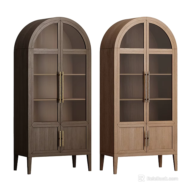 Modern Wooden Bookcase With Arched Glass Doors Metal Handles And Tapered Legs 3d model 
