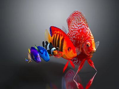 Vibrant Colorful Tropical Fish In Red Orange Blue Purple Swimming On Dark Background With Reflection 3d model