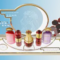 Luxury Perfume Cosmetics Display With Elegant Colored Bottles And Gold Accents