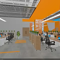 Modern Public Office Space With Orange Walls Blue Ceiling Multiple Workstations And Green Plants Computers 3d model