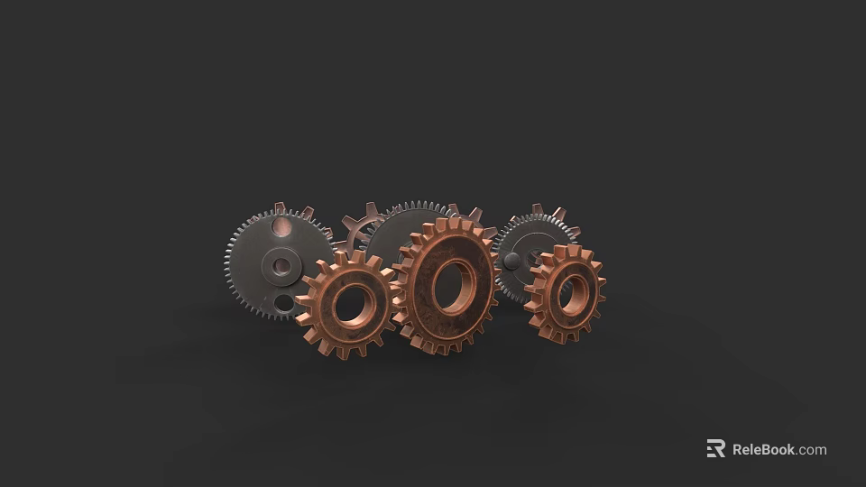 Various Colored Metal Gears in Different Sizes Arranged Together on Dark Background 3d model 