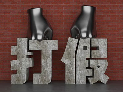 Outdoor Garden Ornament Featuring Black Fist Sculptures And Stone Chinese Characters On Red Brick Wall 3d model