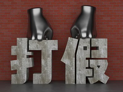 Outdoor Garden Ornament Featuring Black Fist Sculptures And Stone Chinese Characters On Red Brick Wall 3d model