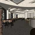 Modern Open Lounge Area Interior Design With Bar Stools Counter Dining Tables And Green Plants