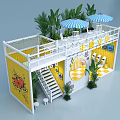 Two Story Container Flower Shop With White Railings Yellow Decorations And Blue White Striped Umbrellas