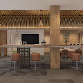 Hotel Lobby With Wooden Ceiling Green Plants Reception Desk And Cozy Seating Area