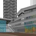 Modern Twin Tower Architecture With Glass Curtain Wall And Plaza Design