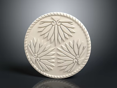Intricate Circular Carving with Leaf Patterns and Rope Edge Design 3d model