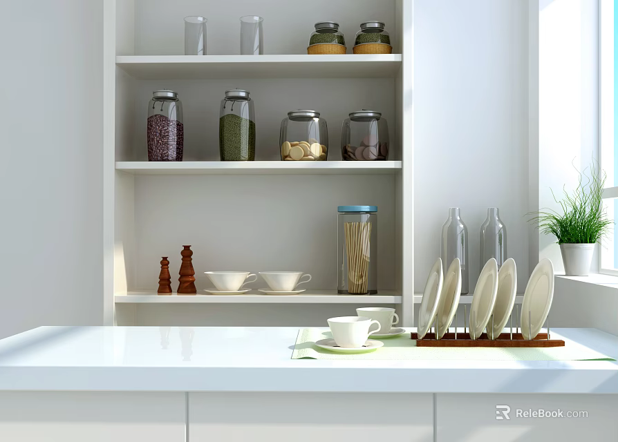 White Kitchen Countertop With Shelf Holding Storage Jars Bowls Cup Plates And Potted Plant 3d model 